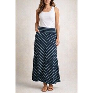 Merona Striped Ruched Knit Skirt Navy Green Stretch A-Line Long Size L